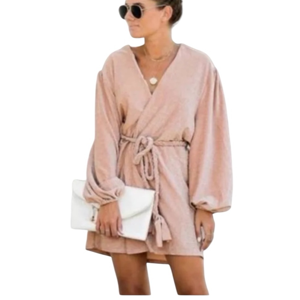 STORIA BLUSHY PINK METALLIC MINI WRAP DRESS NWT SIZE SMALL